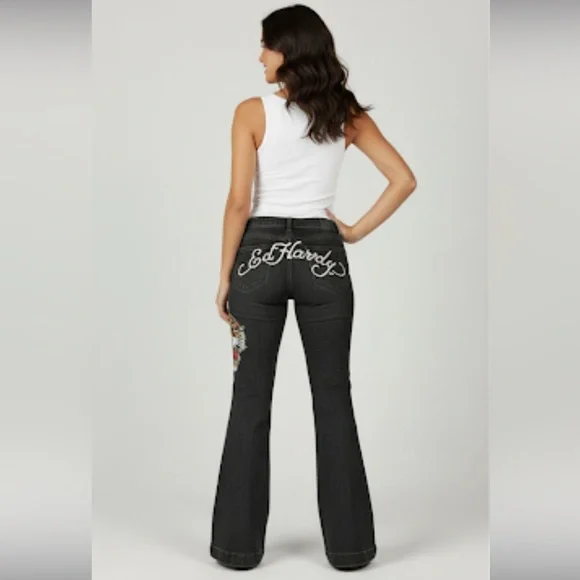 Y2K Ed Hardy Women's Biker Chic Black Denim Tiger head Slim Flare Jean Size: 30 - Picture 11 of 12